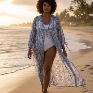 Blue Paisley Sheer Swim Cover-Up Kimono - Relaxed Beach Wrap